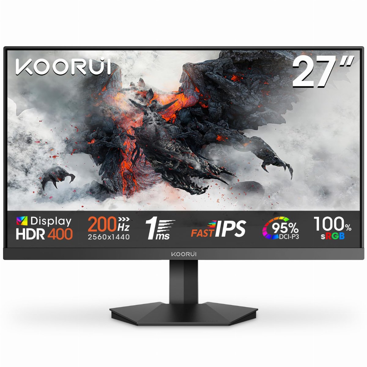 KOORUI Ecran PC Gamer 27 Pouces 200Hz IPS QHD HDR400 1ms HDMI 2.0/DP1.4